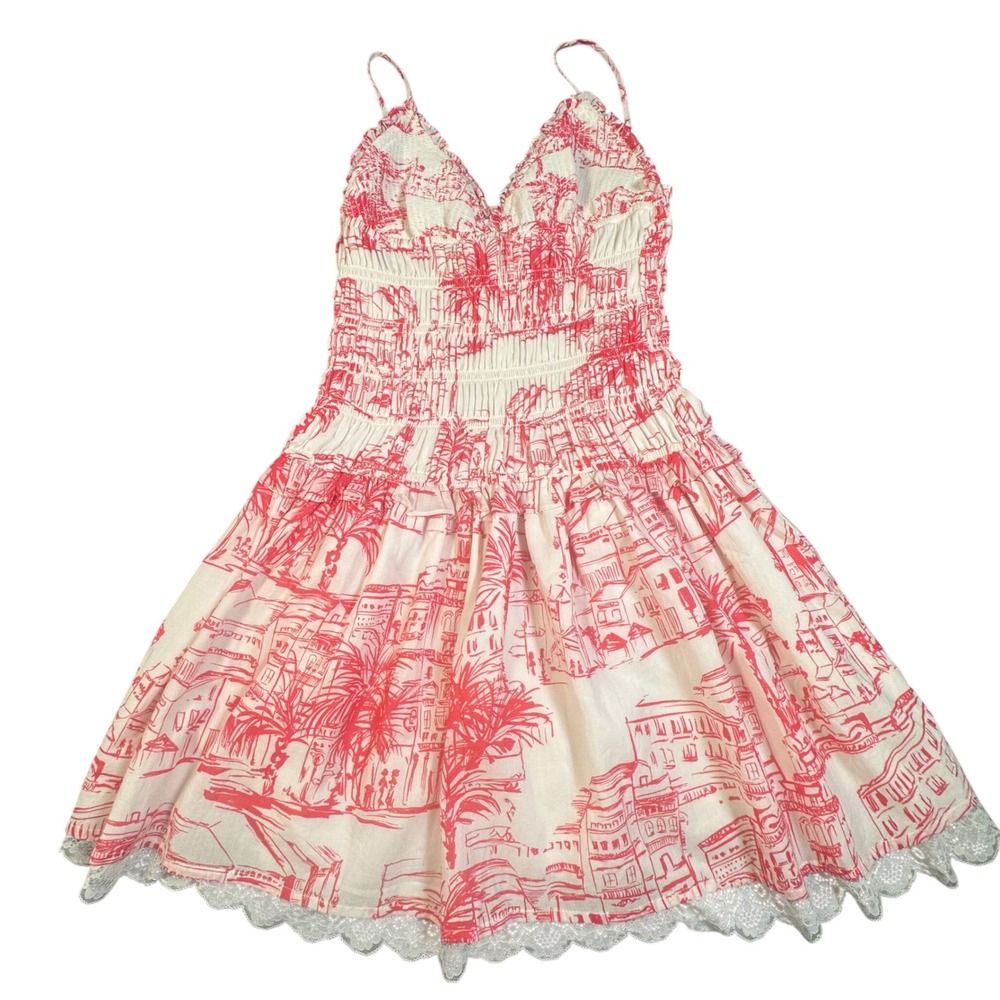 NWT Isabelle's Cabinet Red Toile Smocked Mini Tank Dress Lace Trim Large